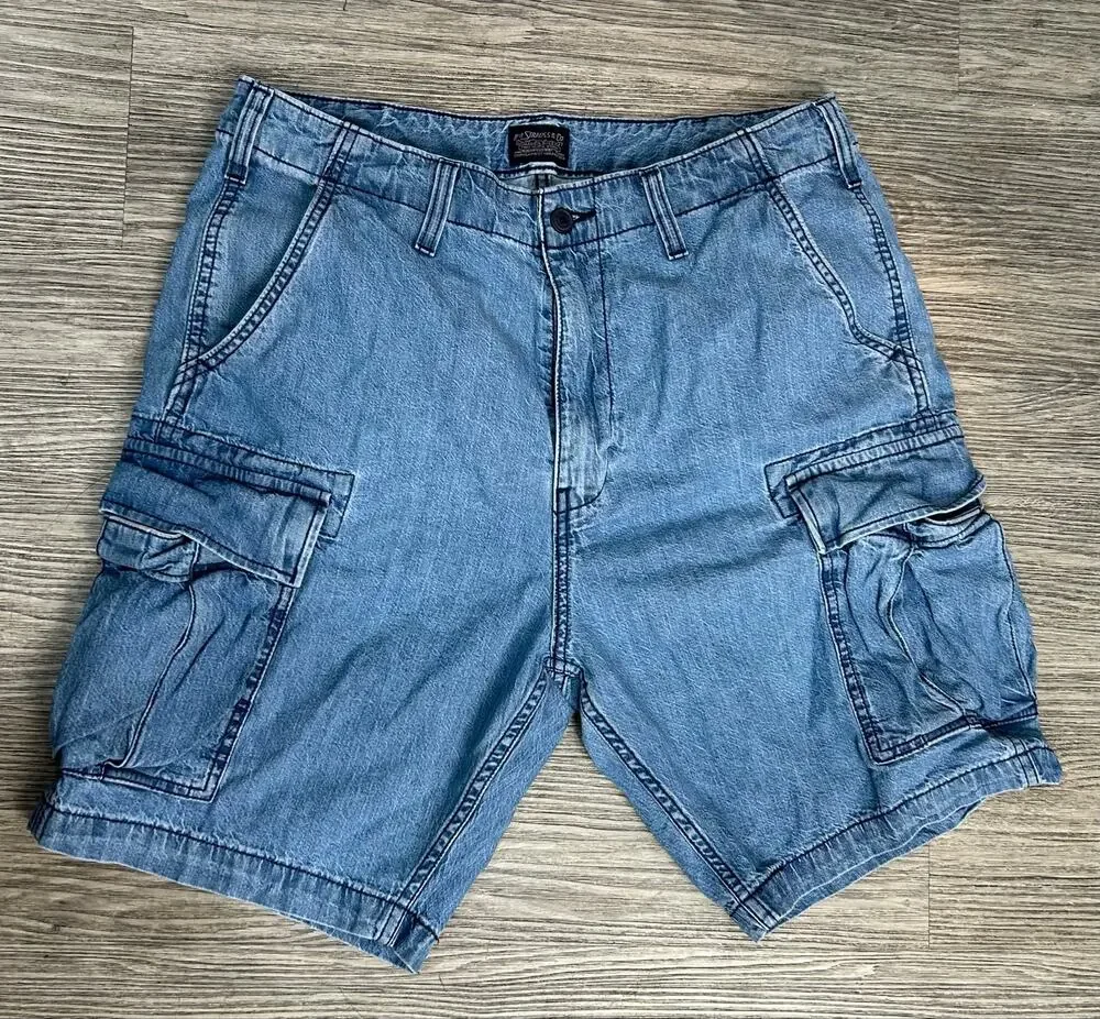 Levi Strauss & Co Mens Blue Denim Cargo Shorts W36 Light Wash Jorts Red Tab
